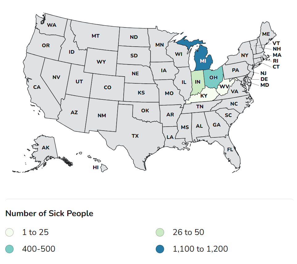 CDC Case Count Map for Investigation of 5-State Outbreak of Cyclospora Illnesses: Iceberg Lettuce (July 2026) CDC Case Count Map for Investigation of 5-State Outbreak of Cyclospora Illnesses: Iceberg Lettuce (July 2026)