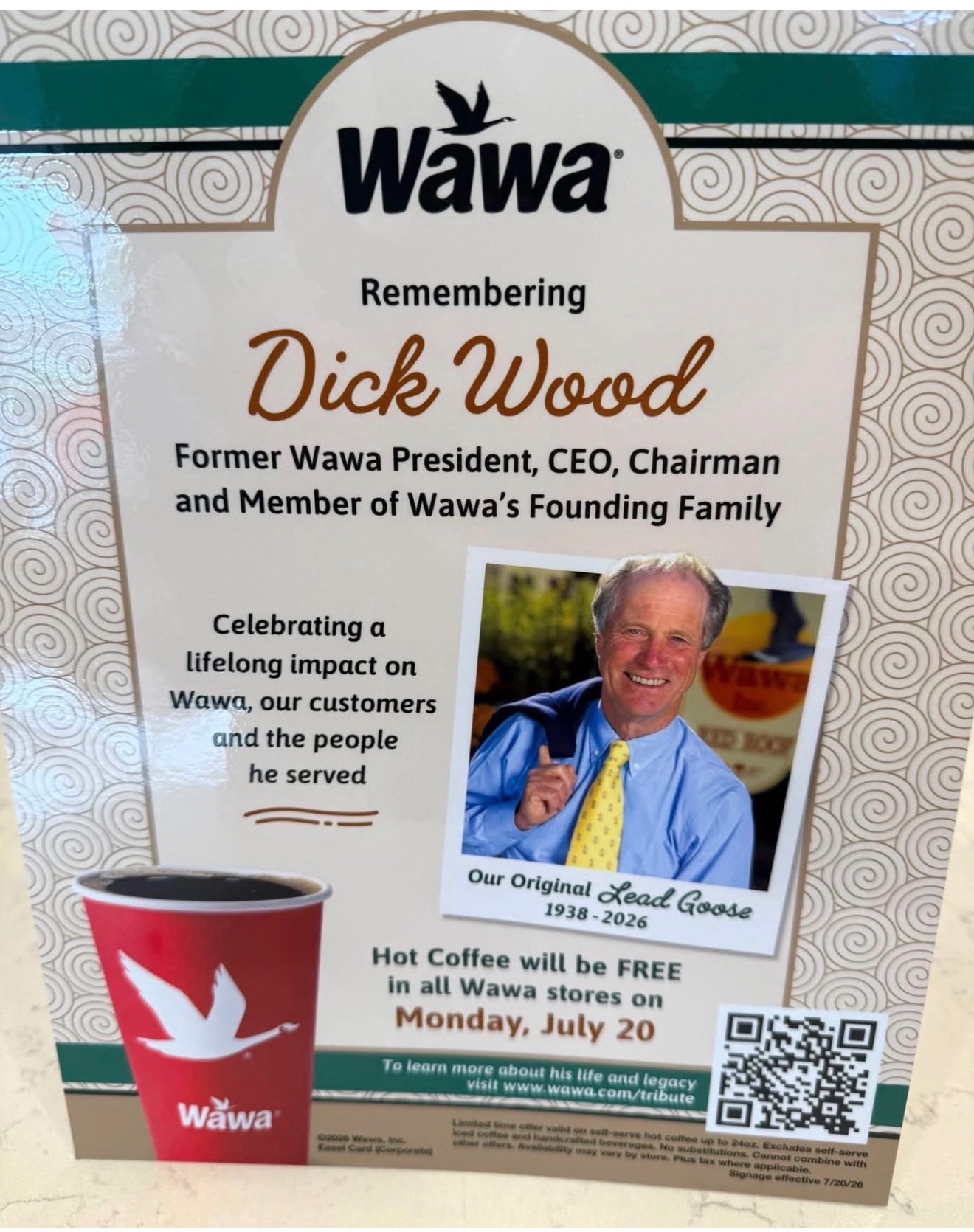 Wawa Remembers Dick Wood with Free Coffee Monday for Customers news image