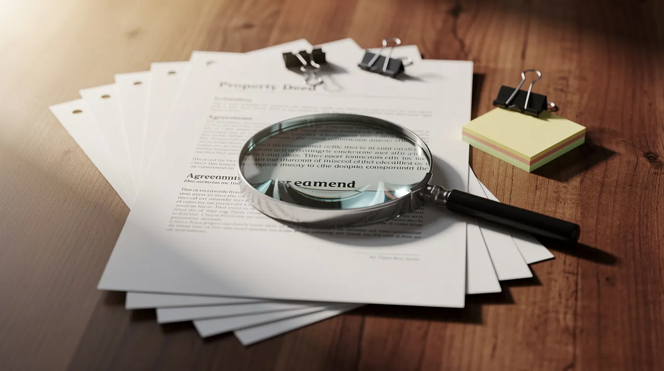 A magnifying glass is positioned over a stack of property documents on a wooden desk, highlighting the important papers involved in the home purchase process, such as the purchase agreement and closing documents. This image symbolizes the detailed review necessary for buyers after an offer is accepted on a house.