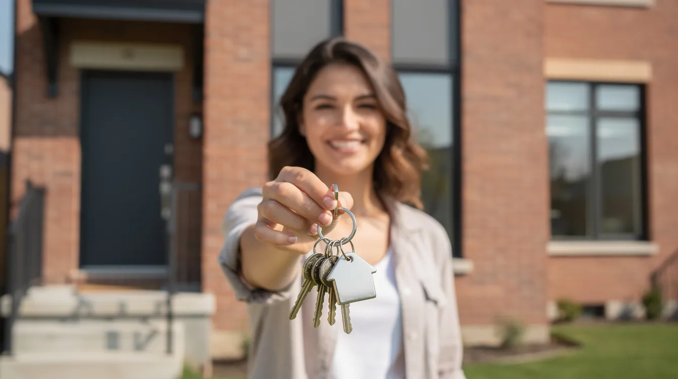 A smiling person stands in front of a brick townhouse, proudly holding a set of house keys, symbolizing the excitement of homeownership after an accepted offer. This moment represents just the beginning of the entire process, from the purchase agreement to the closing day.
