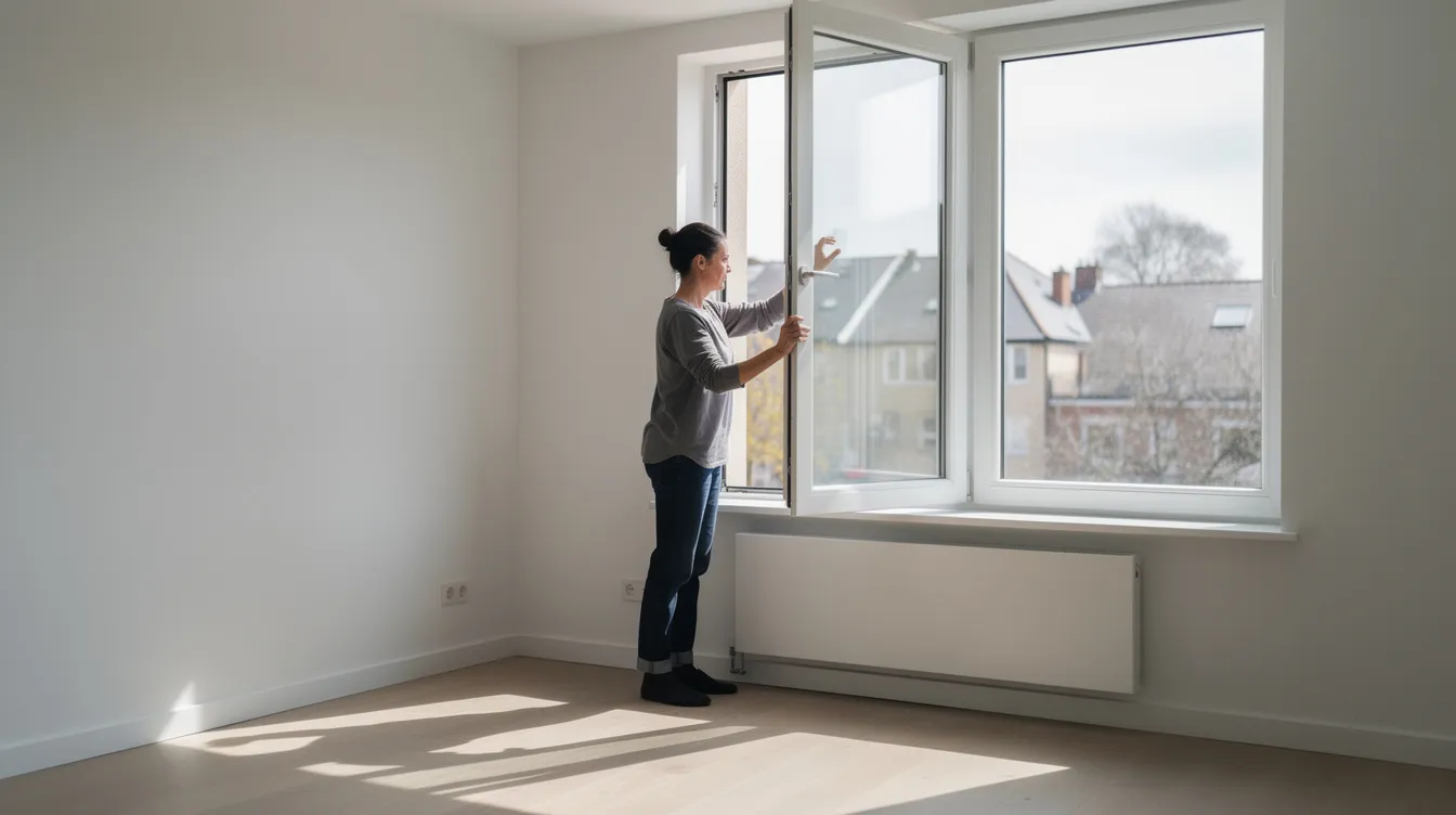 A person is standing in an empty living room, opening and checking a window, possibly preparing for a final walkthrough as part of the home purchase process after their offer is accepted. The room reflects a sense of anticipation for the new home, highlighting the importance of inspecting the property's condition before closing day.