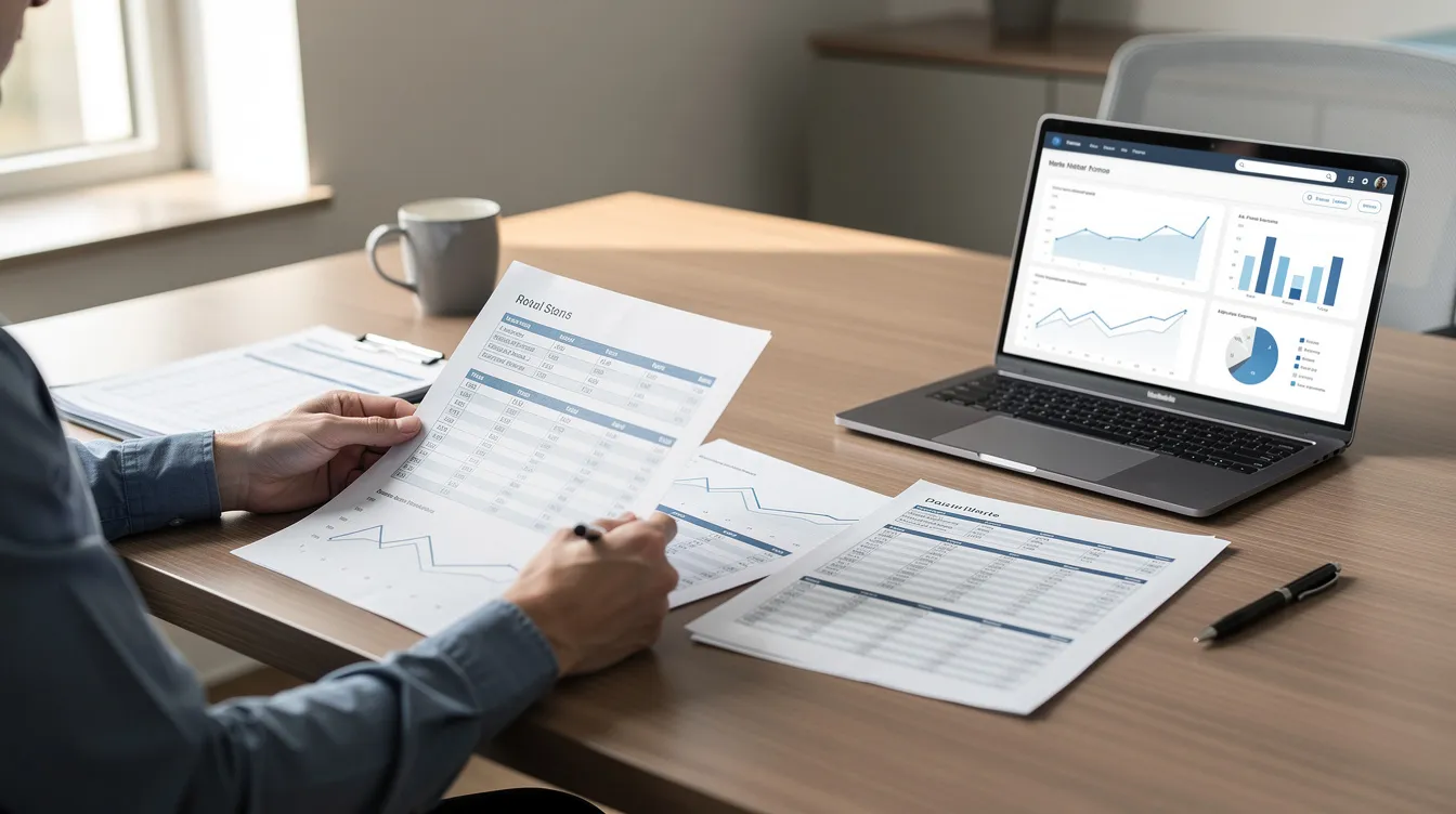 A person is seated at a desk, reviewing various financial documents related to a real estate transaction, with a laptop open in front of them. The scene suggests they are preparing for important steps in the mortgage process, such as understanding closing costs, the purchase price, and the necessary loan documents after an offer on a house has been accepted.